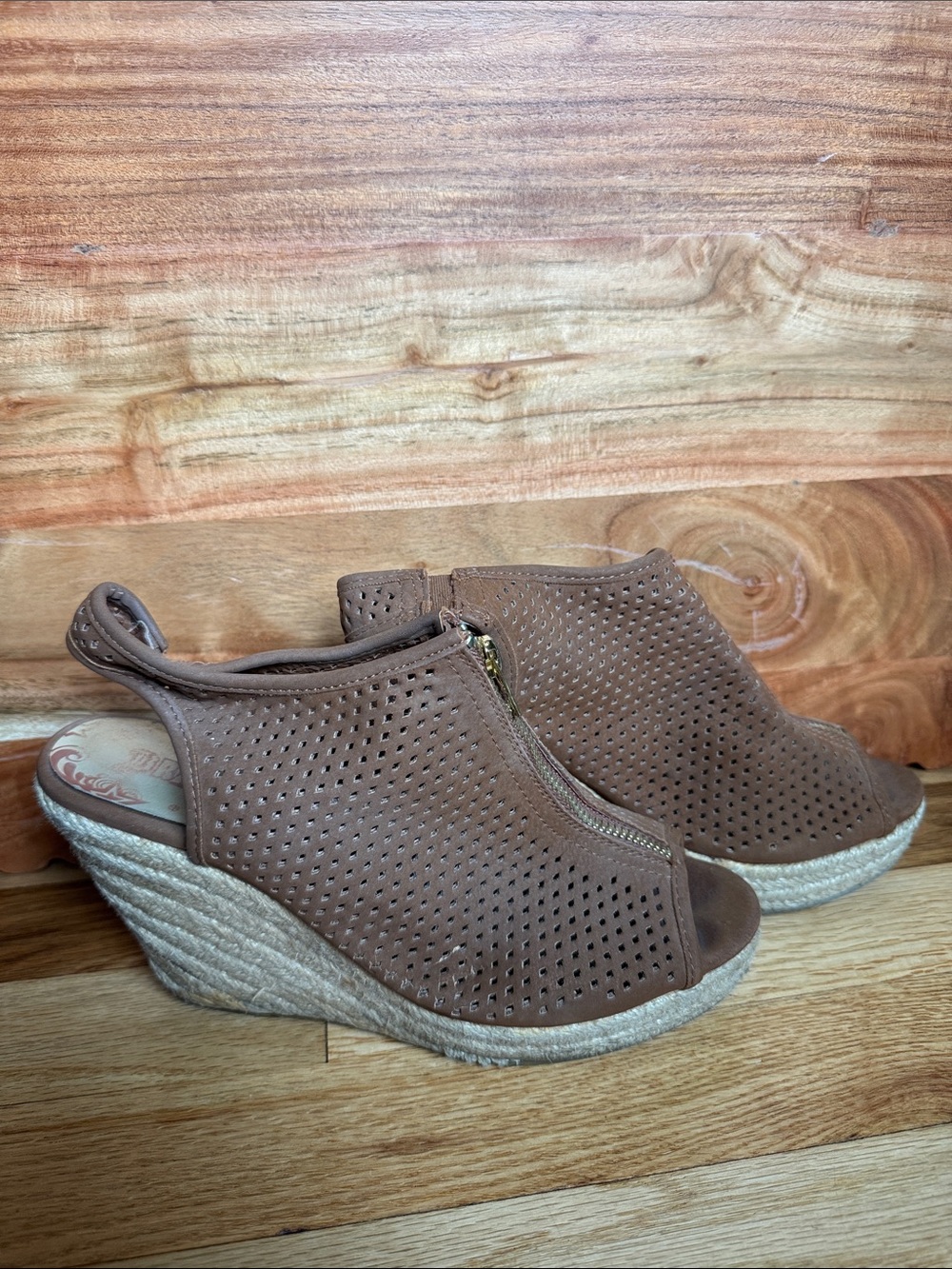 Women's Brown Perforated Wedge Sandals with Zip Accent